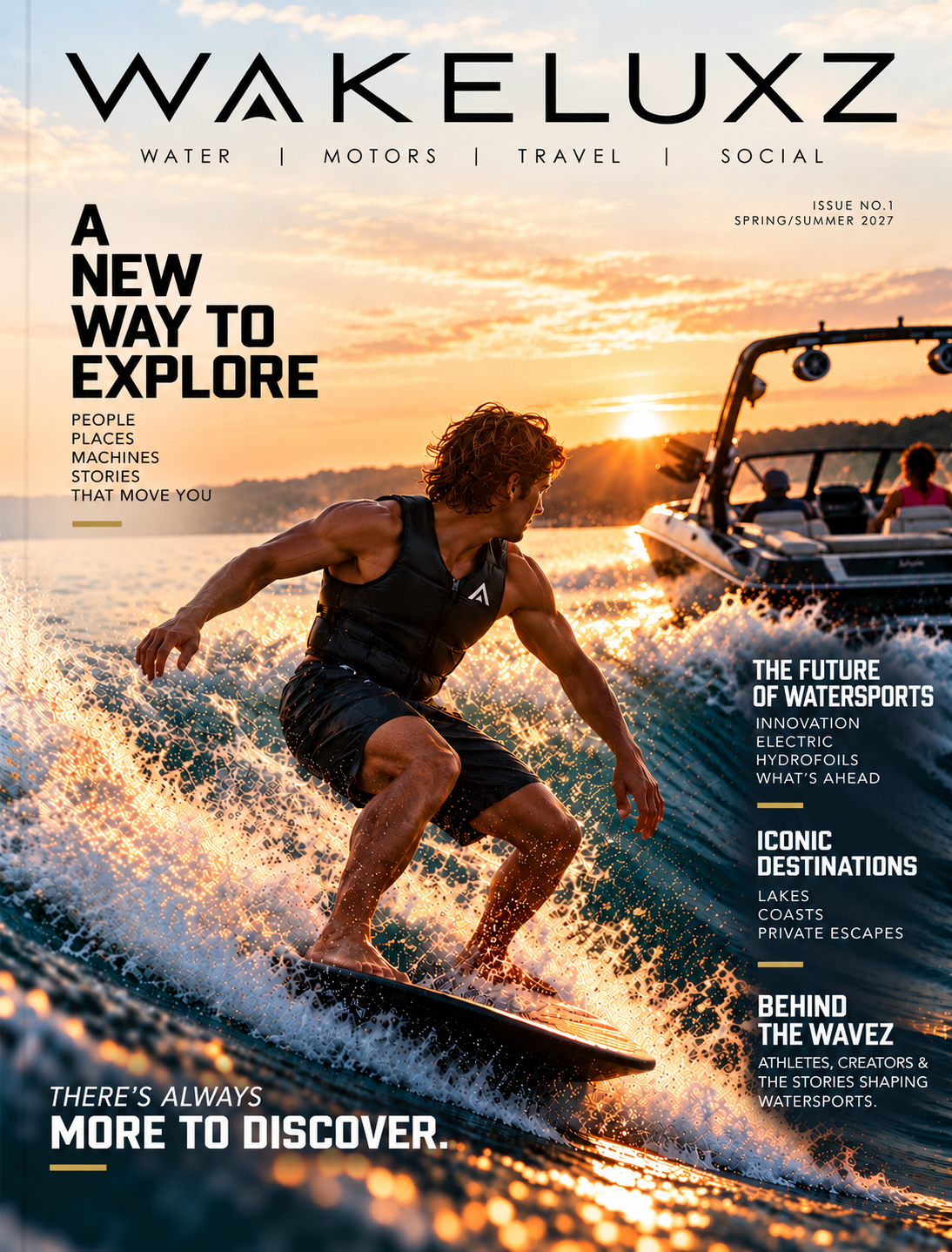 WakeLuxz Magazine Issue No. 1 cover — wakesurfer carving at sunset in front of a wake boat